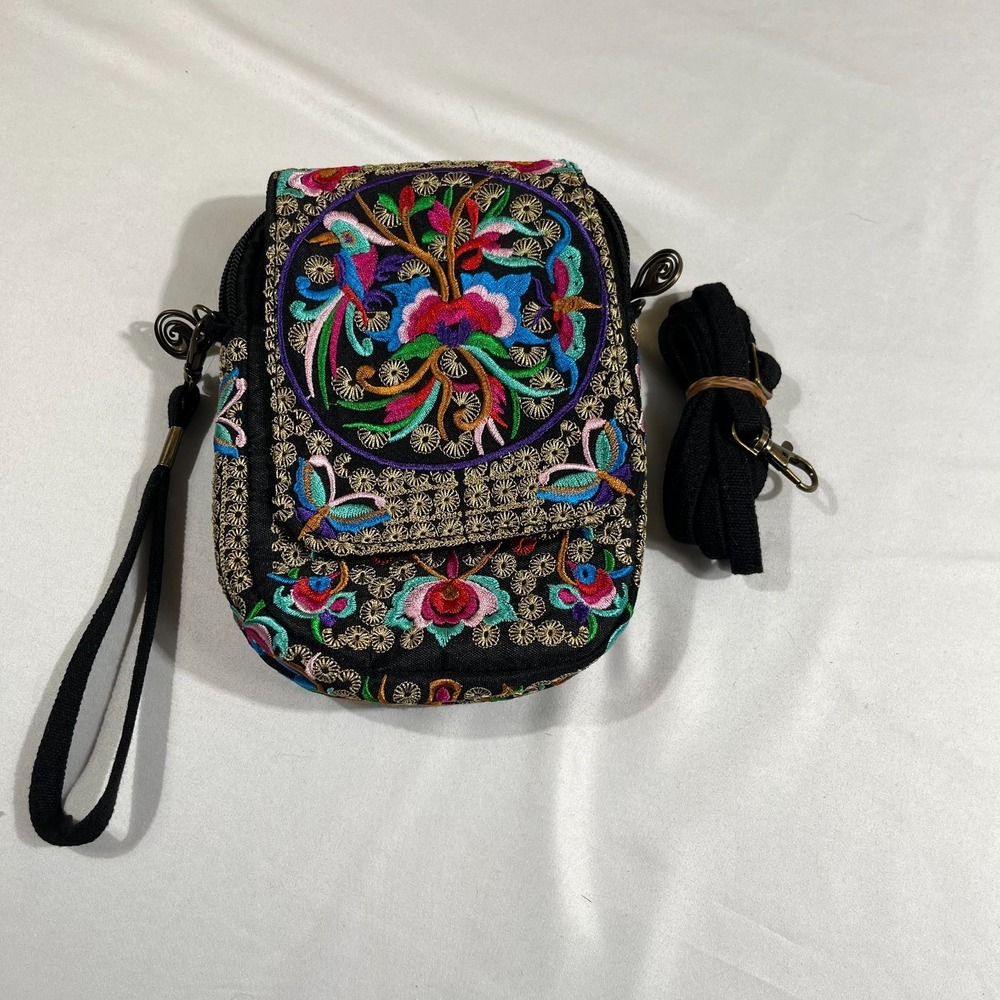 Bohemian Embroidered Floral Crossbody Bag Wristlet Hmong Style Purse - Picture 3 of 9
